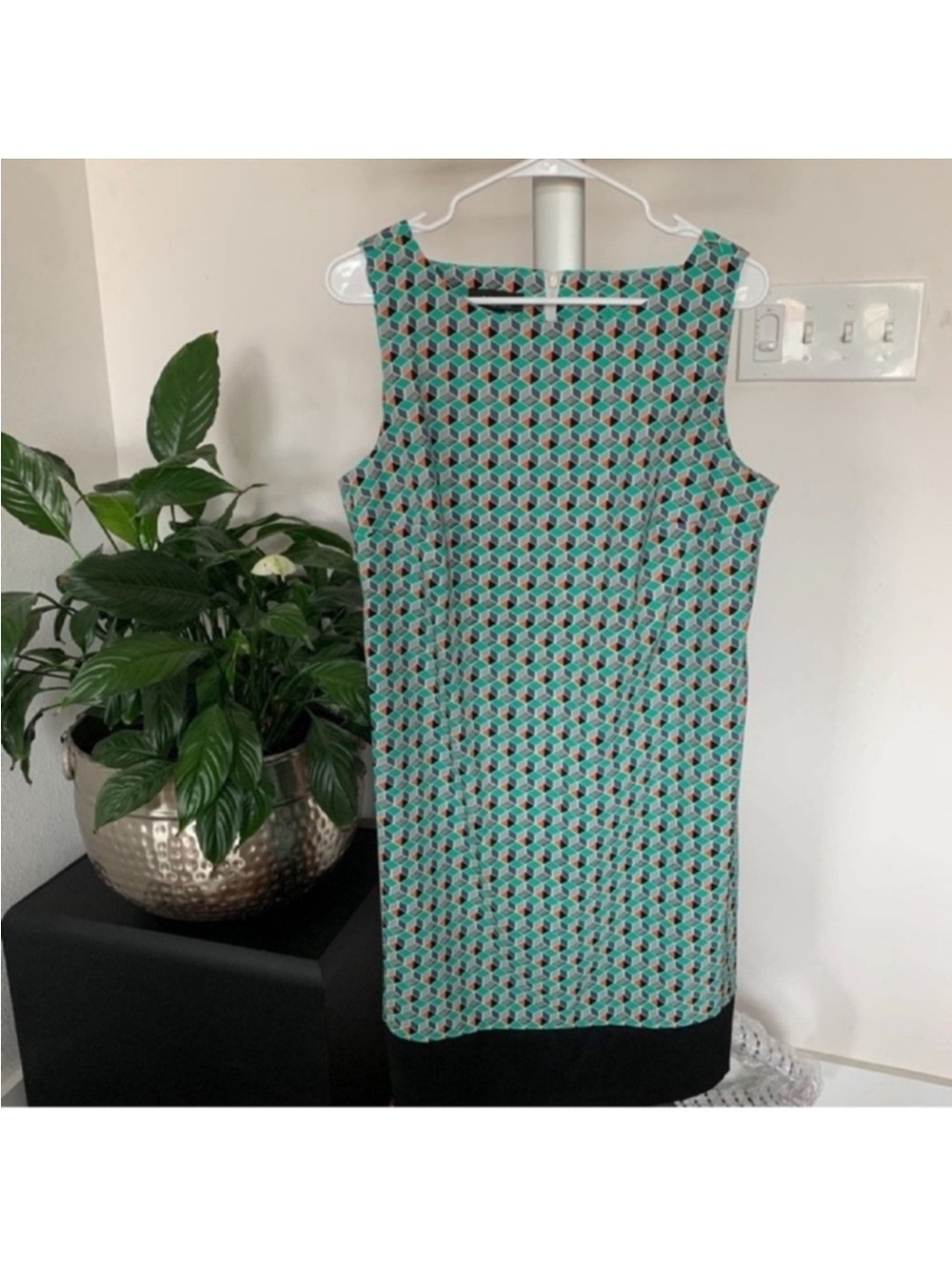 AGB Plus Geometric Print Retro Style Sleeveless Shift Dress Sz 14/L Green Orange